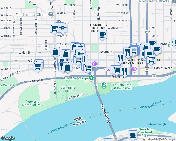 map of restaurants, bars, coffee shops, grocery stores, and more near 805 West 2nd Street in Davenport