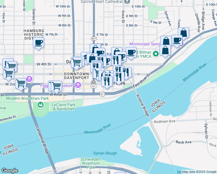 map of restaurants, bars, coffee shops, grocery stores, and more near 220 Emerson Place in Davenport
