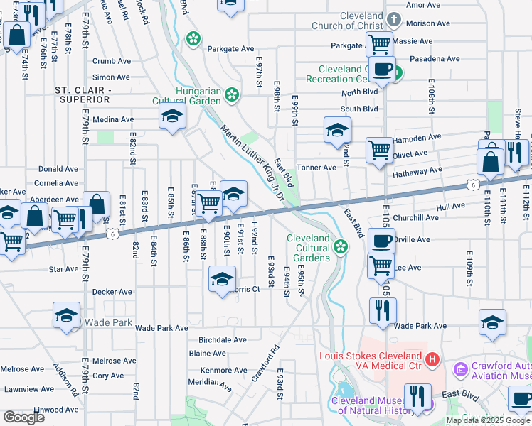 map of restaurants, bars, coffee shops, grocery stores, and more near Superior Ave & Ansel Rd in Cleveland