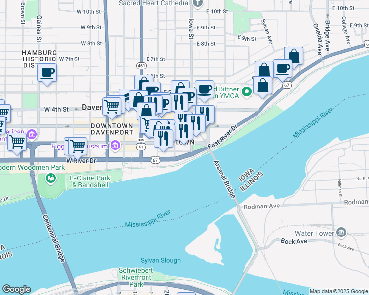 map of restaurants, bars, coffee shops, grocery stores, and more near 321 East 2nd Street in Davenport