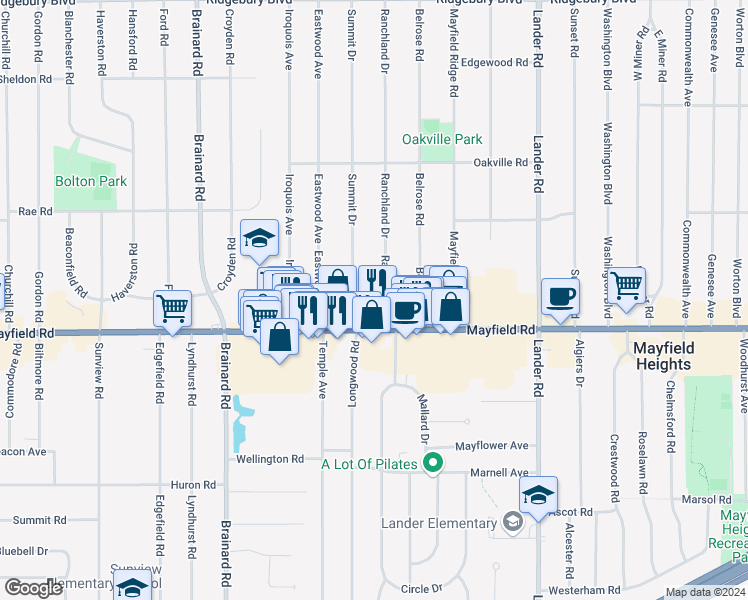 map of restaurants, bars, coffee shops, grocery stores, and more near 1431 Summit Drive in Mayfield Heights