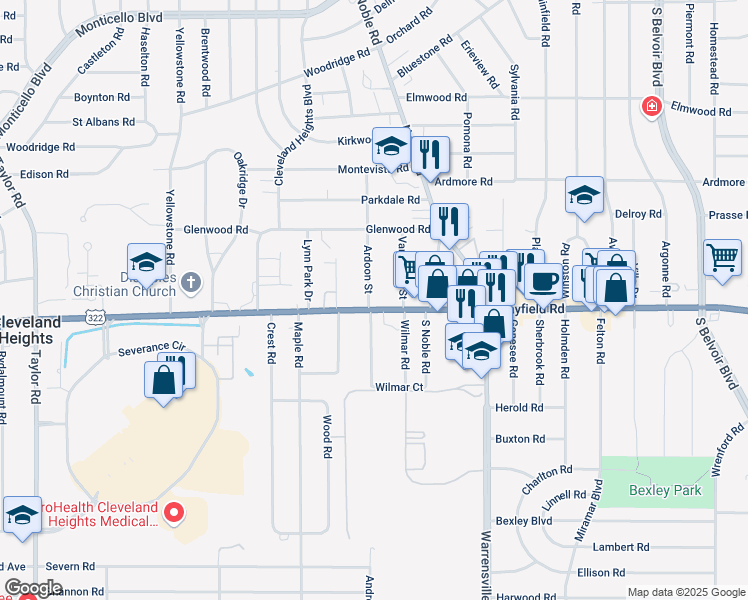 map of restaurants, bars, coffee shops, grocery stores, and more near 1411 Ardoon Street in Cleveland Heights