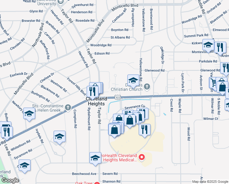 map of restaurants, bars, coffee shops, grocery stores, and more near 1395 Slate Court in Cleveland