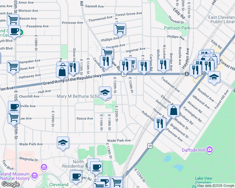 map of restaurants, bars, coffee shops, grocery stores, and more near 1354 East 123rd Street in Cleveland
