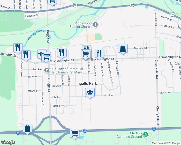 map of restaurants, bars, coffee shops, grocery stores, and more near 119 Schorie Avenue in Joliet