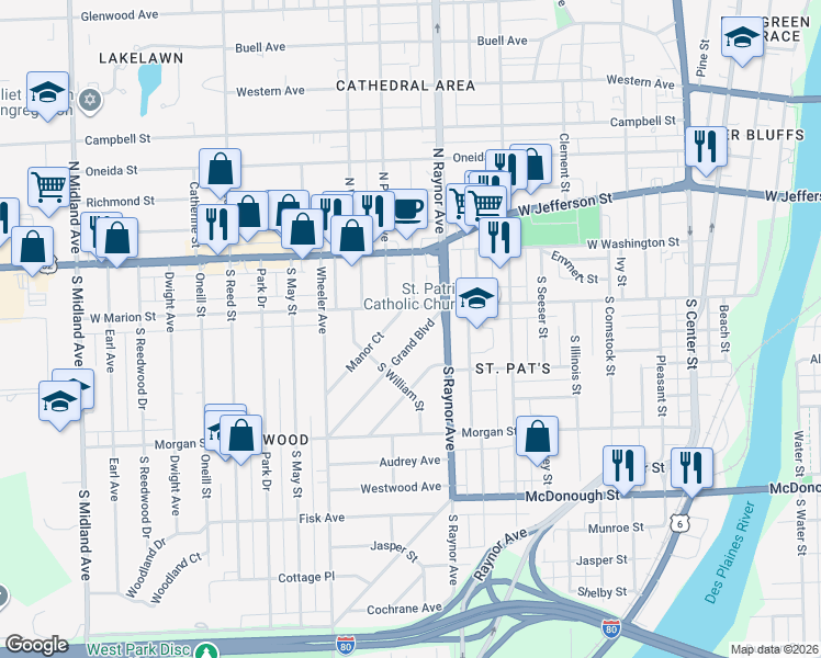 map of restaurants, bars, coffee shops, grocery stores, and more near 810 West Marion Street in Joliet