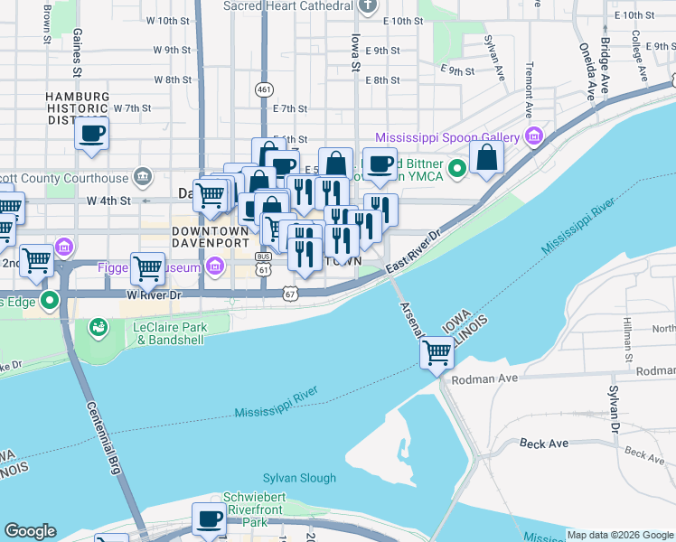 map of restaurants, bars, coffee shops, grocery stores, and more near 332 East 2nd Street in Davenport