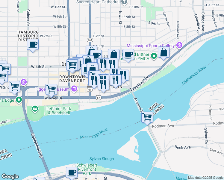 map of restaurants, bars, coffee shops, grocery stores, and more near 219 East 2nd Street in Davenport