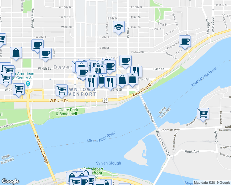 map of restaurants, bars, coffee shops, grocery stores, and more near 219 East 2nd Street in Davenport