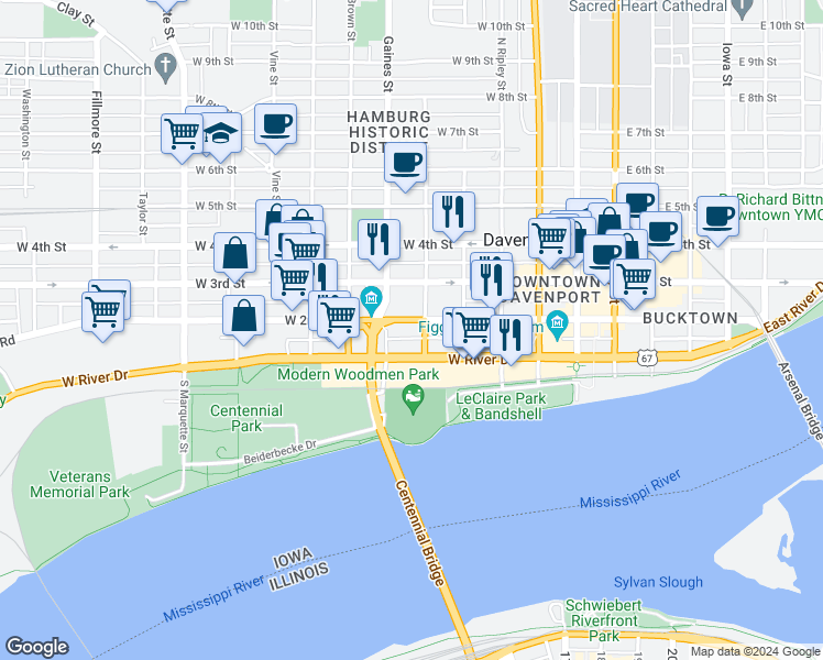 map of restaurants, bars, coffee shops, grocery stores, and more near 606 W 2nd St in Davenport