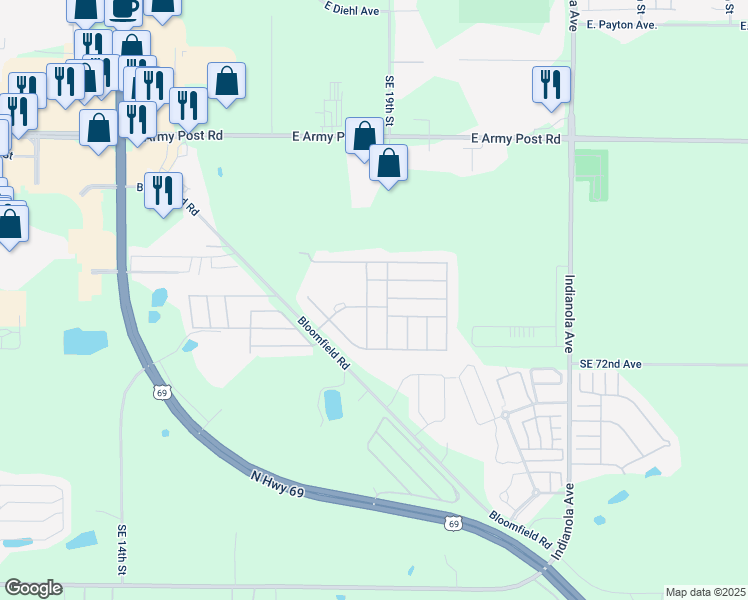 map of restaurants, bars, coffee shops, grocery stores, and more near 7085 Bloomfield Road in Des Moines
