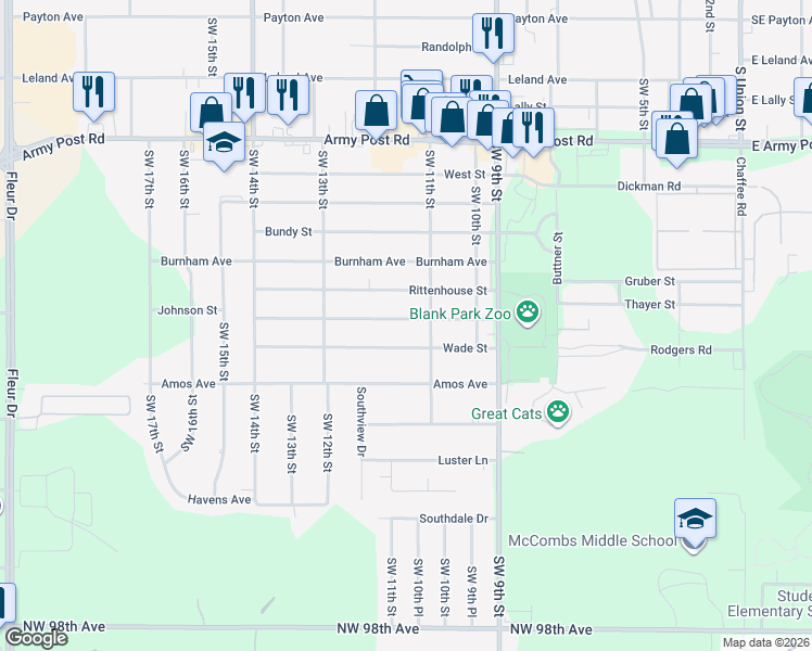 map of restaurants, bars, coffee shops, grocery stores, and more near 1119 Johnson Street in Des Moines