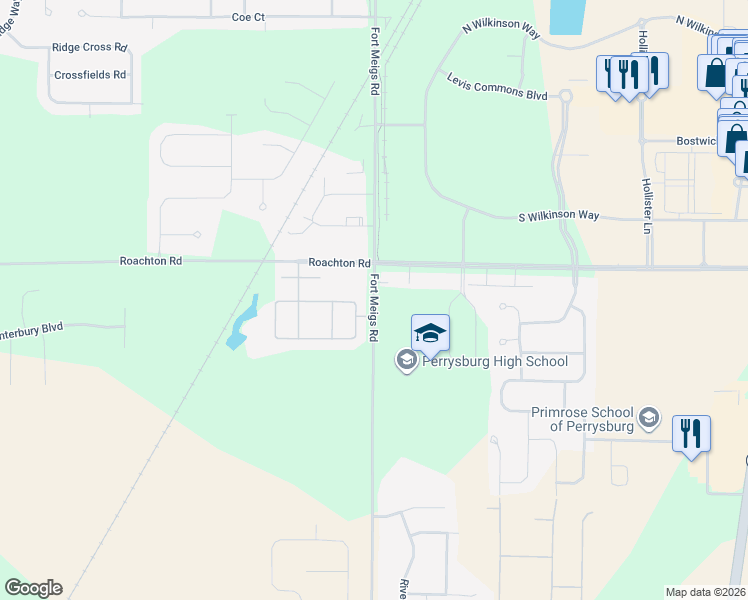 map of restaurants, bars, coffee shops, grocery stores, and more near 13499 Roachton Road in Perrysburg
