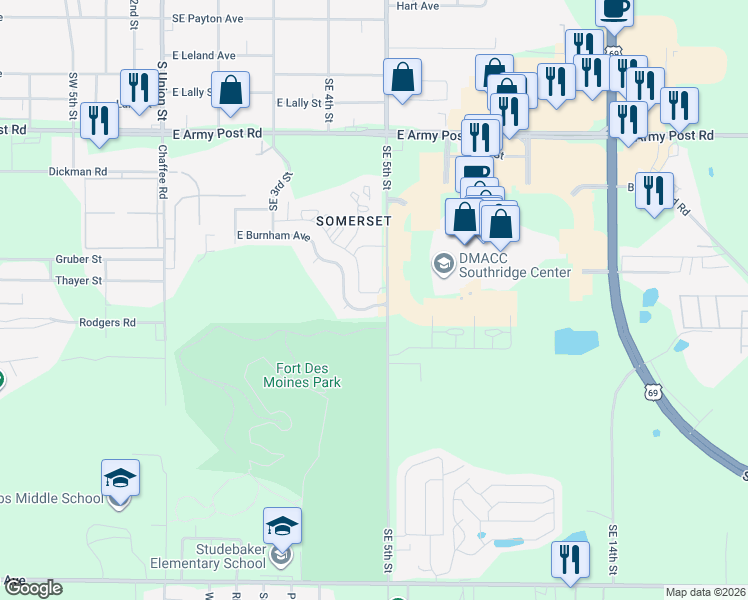 map of restaurants, bars, coffee shops, grocery stores, and more near 6720 Southeast 5th Street in Des Moines