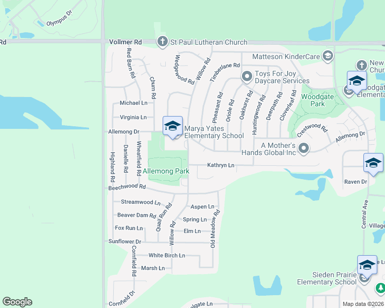 map of restaurants, bars, coffee shops, grocery stores, and more near 247 Willow Road in Matteson
