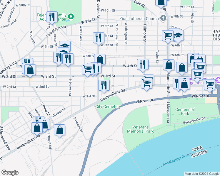 map of restaurants, bars, coffee shops, grocery stores, and more near 1607 West 2nd Street in Davenport