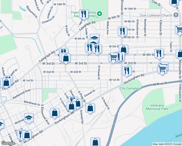 map of restaurants, bars, coffee shops, grocery stores, and more near 1935 West 2nd Street in Davenport