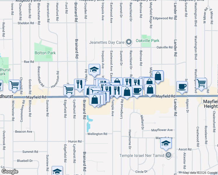 map of restaurants, bars, coffee shops, grocery stores, and more near 1427 Eastwood Avenue in Mayfield Heights