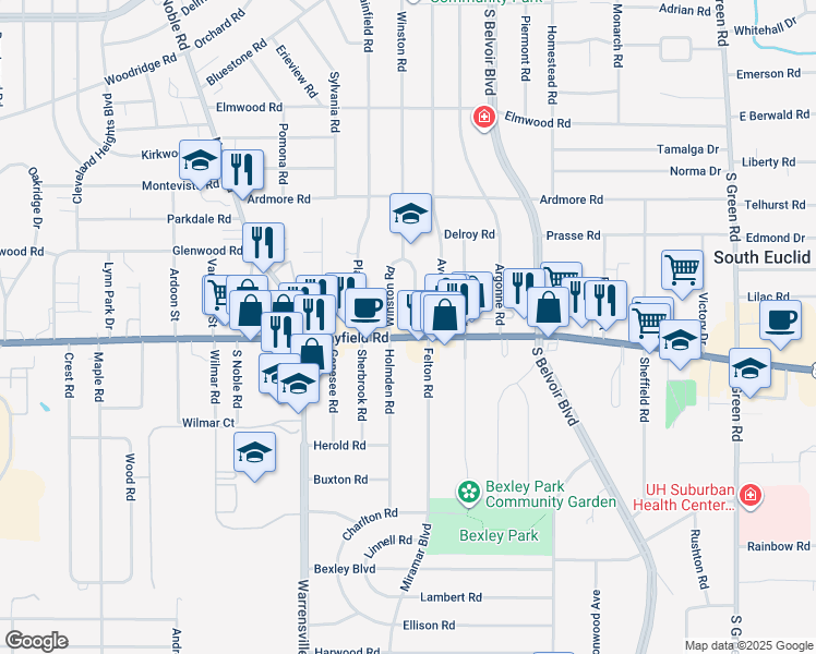 map of restaurants, bars, coffee shops, grocery stores, and more near 1418 Grantleigh Road in South Euclid