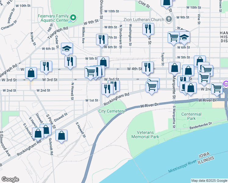 map of restaurants, bars, coffee shops, grocery stores, and more near 1628 West 2nd Street in Davenport