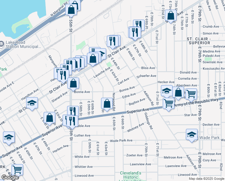 map of restaurants, bars, coffee shops, grocery stores, and more near 1204 Norwood Road in Cleveland