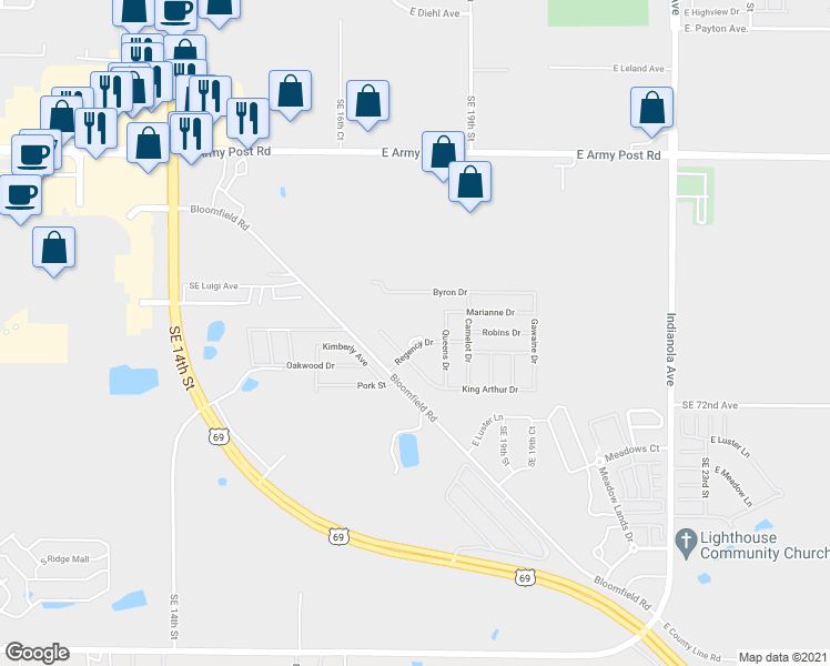 map of restaurants, bars, coffee shops, grocery stores, and more near 7085 Bloomfield Road in Des Moines
