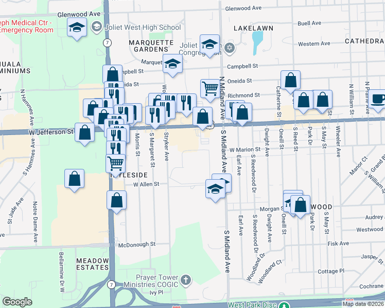 map of restaurants, bars, coffee shops, grocery stores, and more near 1503 Woodbridge Road in Joliet