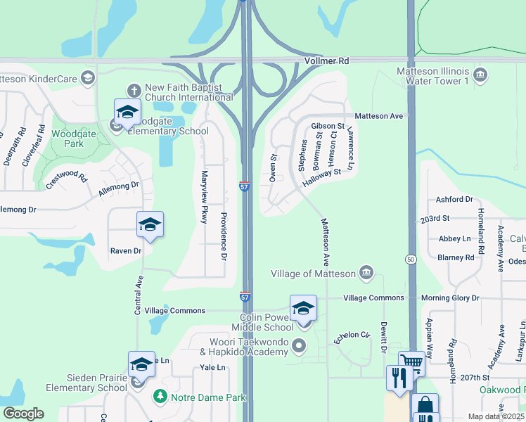 map of restaurants, bars, coffee shops, grocery stores, and more near 233 Owen Street in Matteson