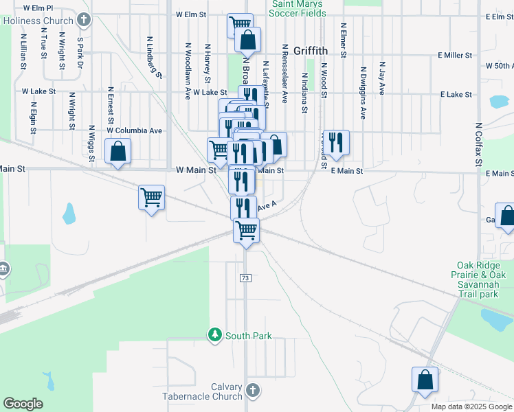 map of restaurants, bars, coffee shops, grocery stores, and more near 144 East Avenue A in Griffith