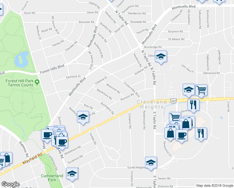 map of restaurants, bars, coffee shops, grocery stores, and more near 1429 Westover Road in Cleveland Heights