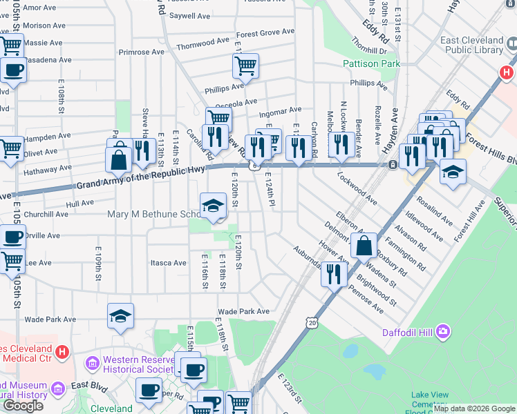 map of restaurants, bars, coffee shops, grocery stores, and more near 1350 East 124th Place in Cleveland