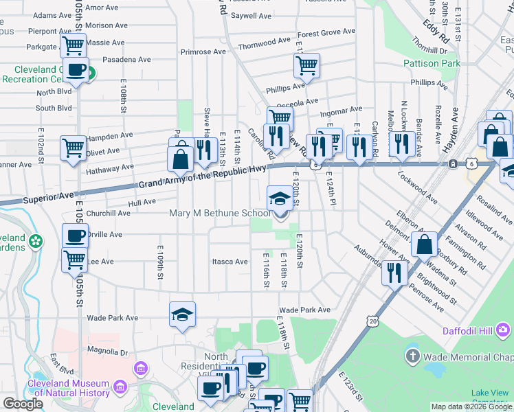 map of restaurants, bars, coffee shops, grocery stores, and more near 1345 East 115th Street in Cleveland