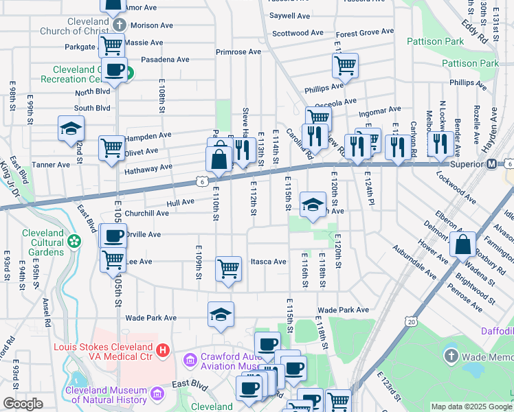 map of restaurants, bars, coffee shops, grocery stores, and more near 1336 East 112th Street in Cleveland