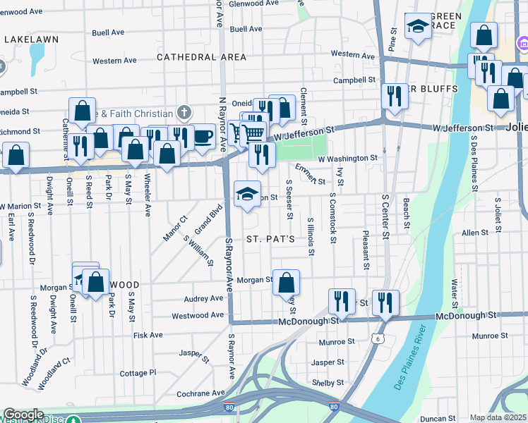 map of restaurants, bars, coffee shops, grocery stores, and more near 100 South Hunter Avenue in Joliet