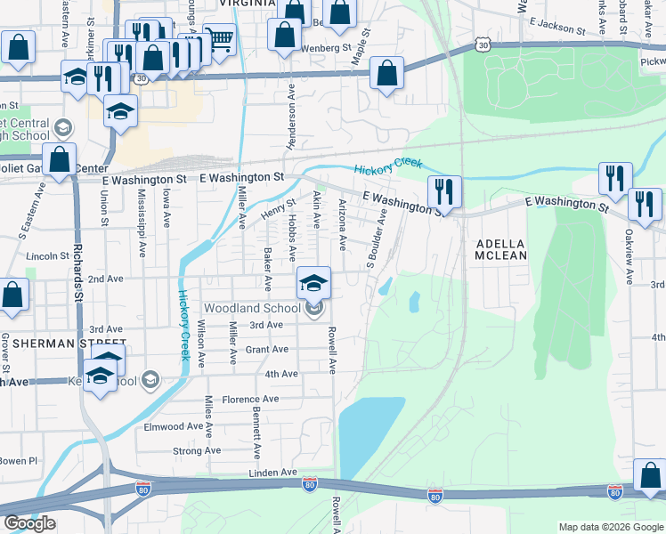 map of restaurants, bars, coffee shops, grocery stores, and more near 139 Arizona Avenue in Joliet