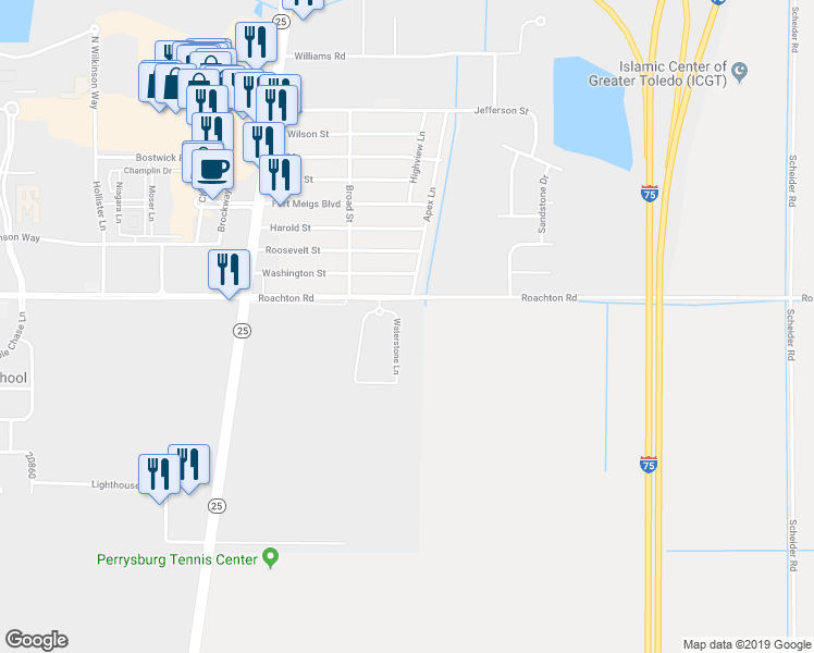 map of restaurants, bars, coffee shops, grocery stores, and more near 12341 Waterstone Lane in Perrysburg