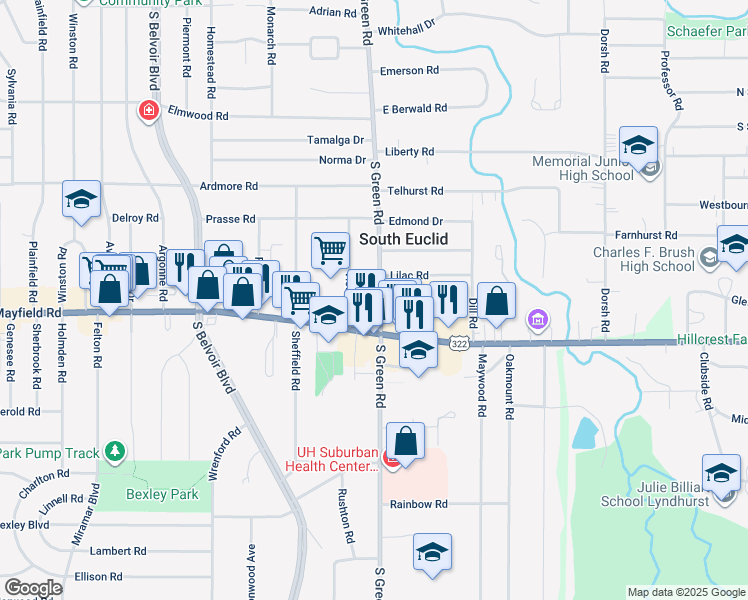 map of restaurants, bars, coffee shops, grocery stores, and more near 1405 South Green Road in South Euclid