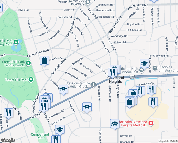 map of restaurants, bars, coffee shops, grocery stores, and more near 1446 Westover Road in Cleveland Heights