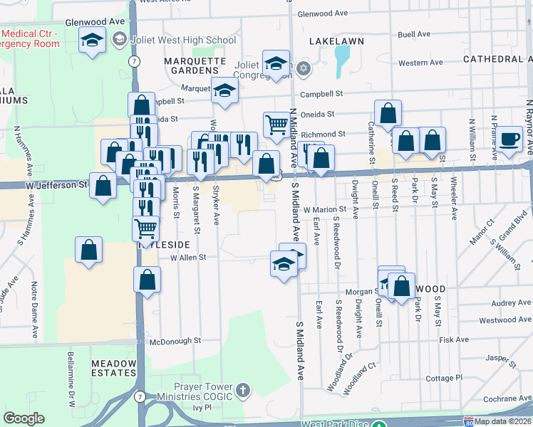 map of restaurants, bars, coffee shops, grocery stores, and more near 1503 Woodbridge Road in Joliet