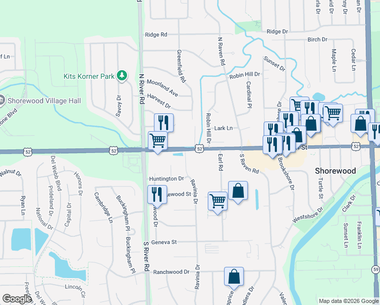 map of restaurants, bars, coffee shops, grocery stores, and more near 100 Ravinia Drive in Shorewood