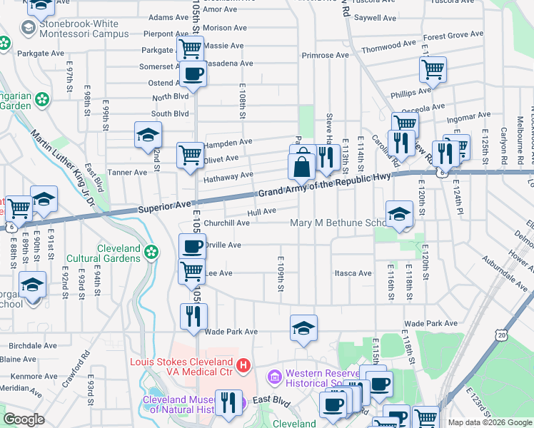 map of restaurants, bars, coffee shops, grocery stores, and more near 1314 East 108th Street in Cleveland