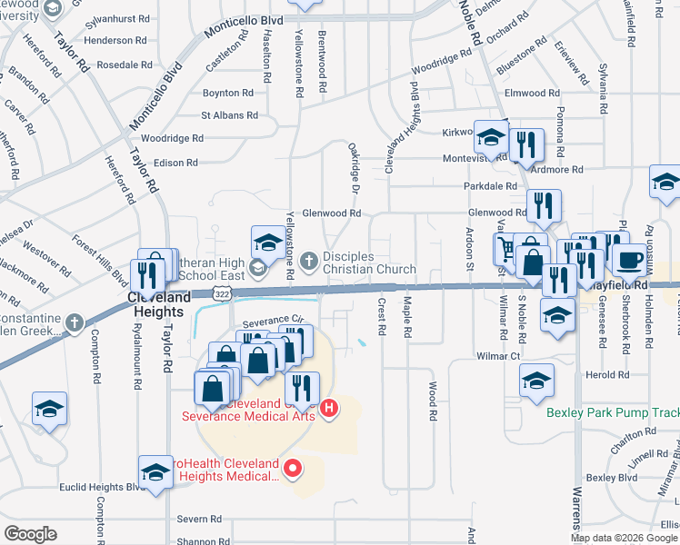 map of restaurants, bars, coffee shops, grocery stores, and more near 3701 Mayfield Road in Cleveland Heights