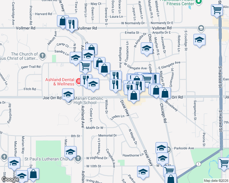 map of restaurants, bars, coffee shops, grocery stores, and more near 534 Dixie Highway in Chicago Heights