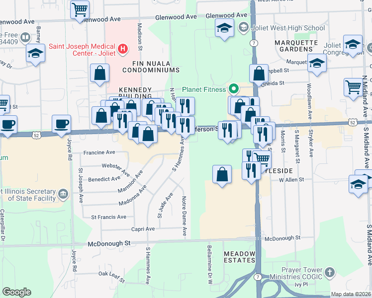 map of restaurants, bars, coffee shops, grocery stores, and more near 16 South Hammes Avenue in Joliet