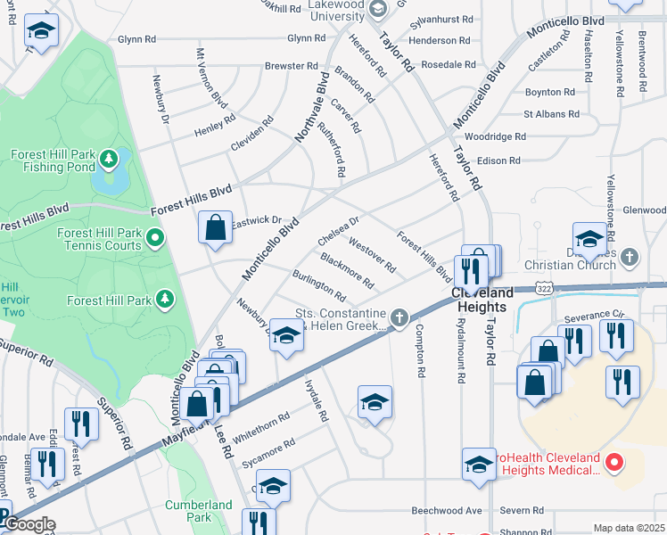 map of restaurants, bars, coffee shops, grocery stores, and more near 1420 Blackmore Road in Cleveland Heights