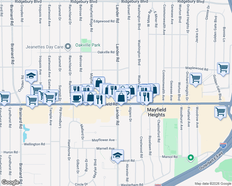 map of restaurants, bars, coffee shops, grocery stores, and more near 1430 Lander Road in Mayfield Heights