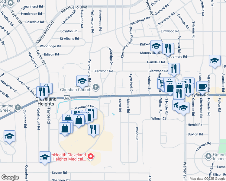 map of restaurants, bars, coffee shops, grocery stores, and more near 1395 Cleveland Heights Boulevard in Cleveland Heights