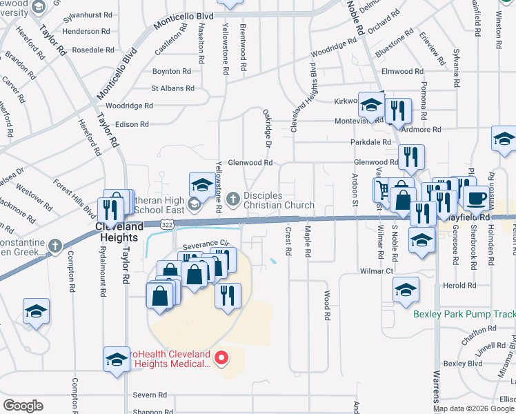 map of restaurants, bars, coffee shops, grocery stores, and more near 3701 Mayfield Road in Cleveland Heights