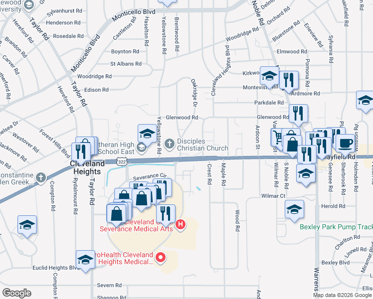 map of restaurants, bars, coffee shops, grocery stores, and more near 3701 Mayfield Road in Cleveland Heights