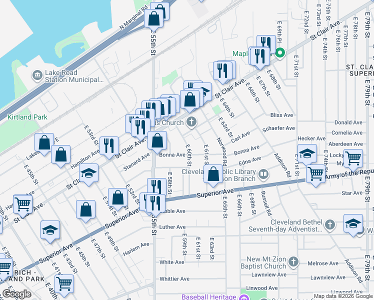 map of restaurants, bars, coffee shops, grocery stores, and more near 1170 East 60th Street in Cleveland
